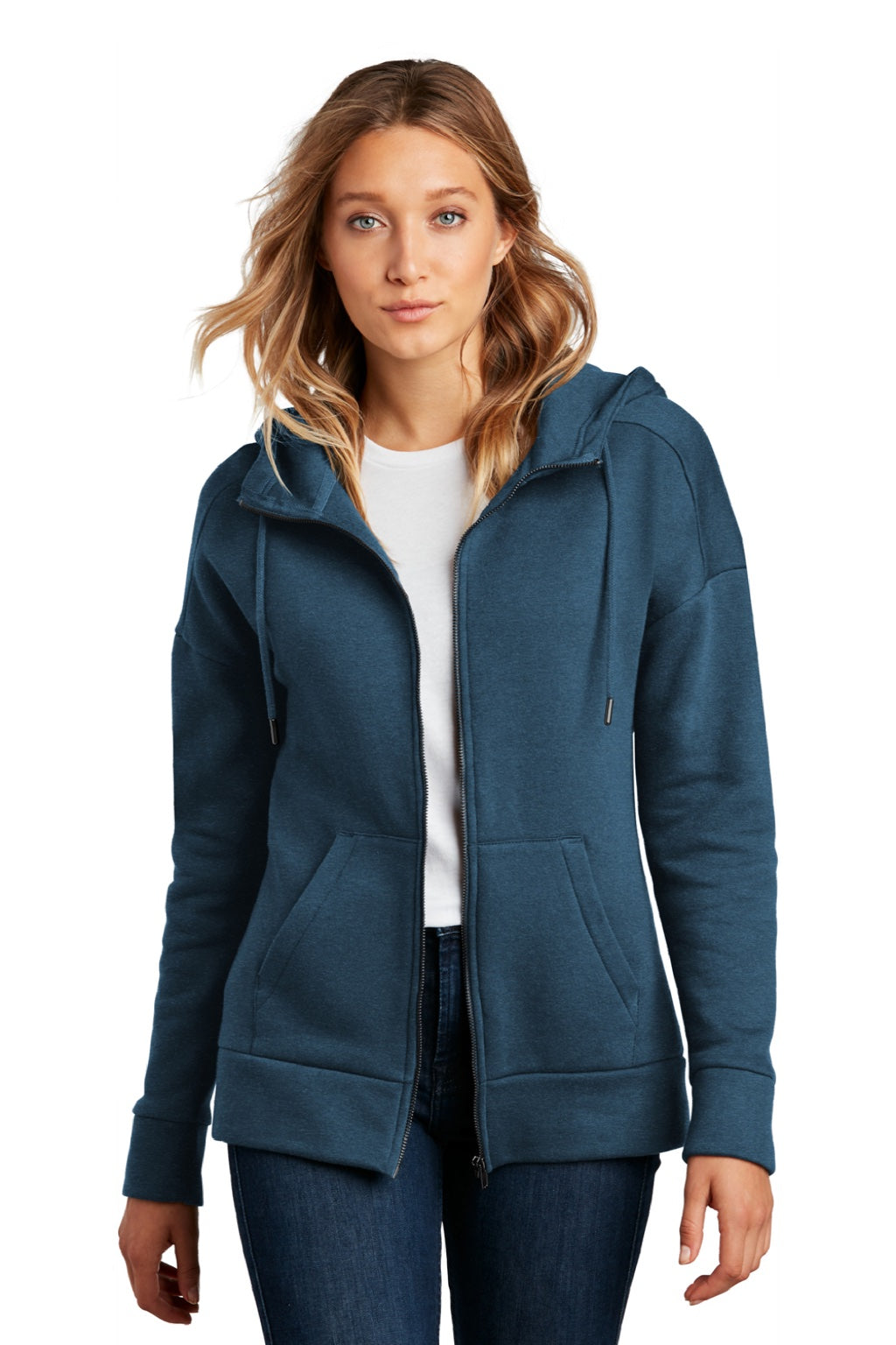 District DT1104 Womens Perfect Weight Fleece Full Zip Hooded Sweatshirt Hoodie w/ Pockets Heather Poseidon Blue Model Front