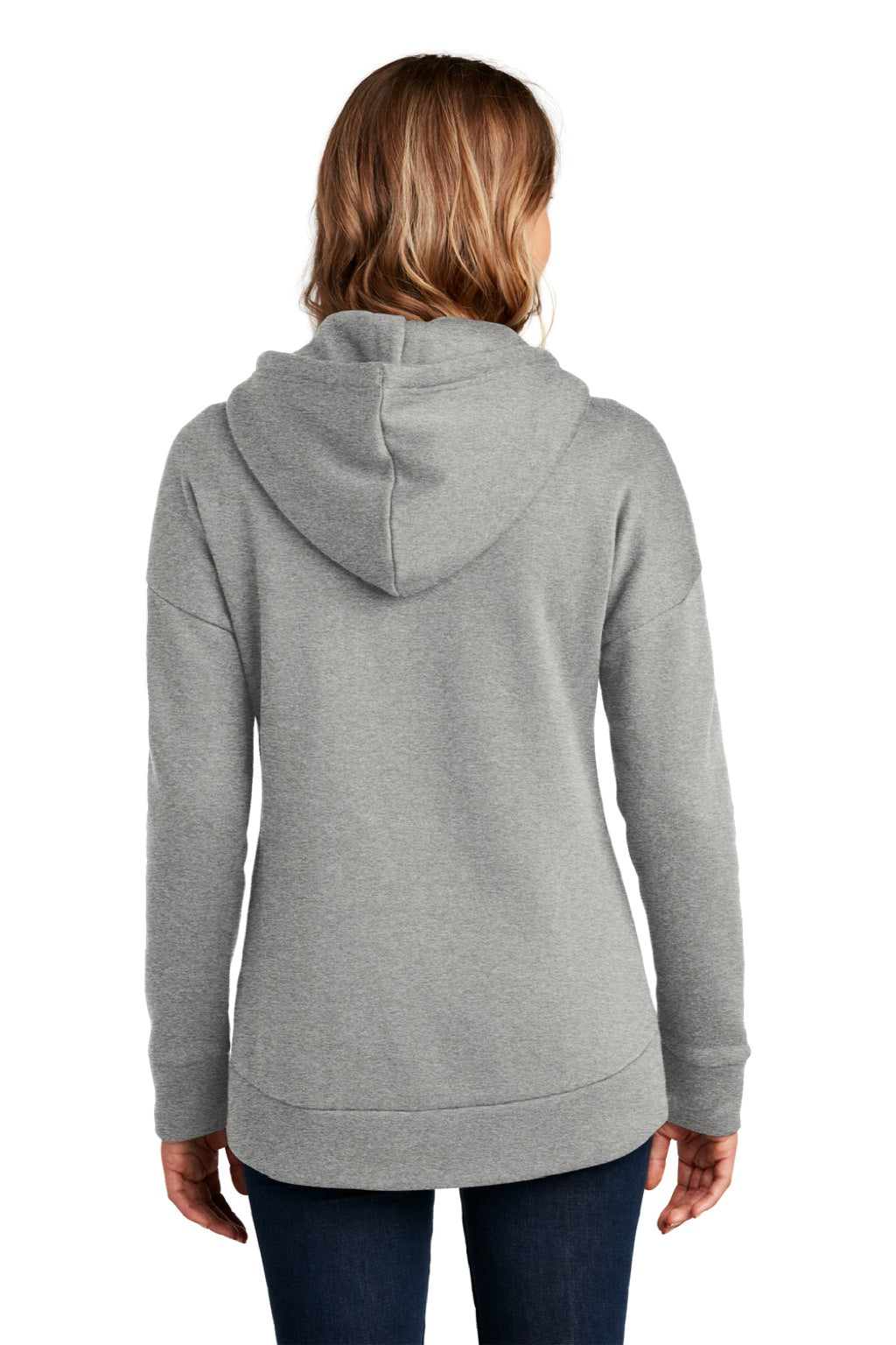 District DT1104 Womens Perfect Weight Fleece Full Zip Hooded Sweatshirt Hoodie w/ Pockets Heather Steel Grey Model Back