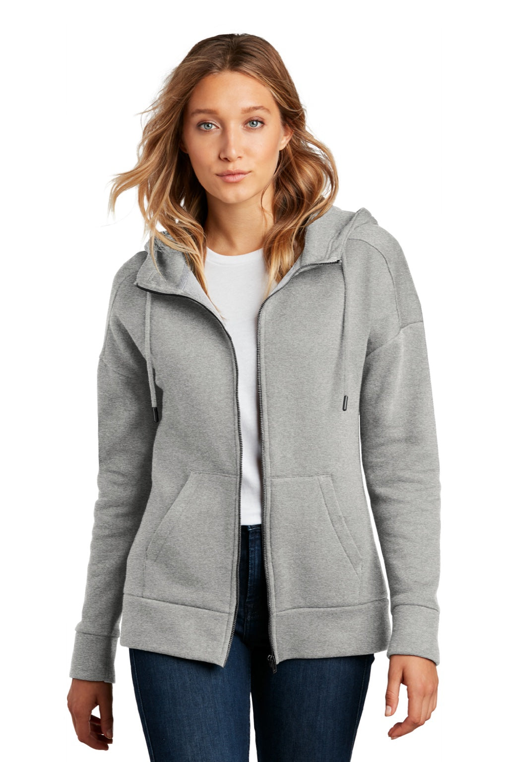 District DT1104 Womens Perfect Weight Fleece Full Zip Hooded Sweatshirt Hoodie w/ Pockets Heather Steel Grey Model Front
