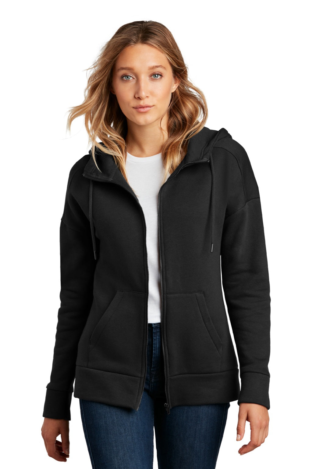 District DT1104 Womens Perfect Weight Fleece Full Zip Hooded Sweatshirt Hoodie w/ Pockets Jet Black Model Front
