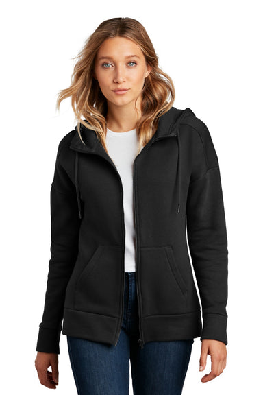 District DT1104 Womens Perfect Weight Fleece Full Zip Hooded Sweatshirt Hoodie w/ Pockets Jet Black Model Front