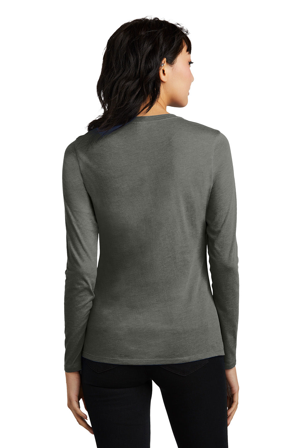 District DT110 Womens Perfect Blend CVC Long Sleeve Crewneck T-Shirt Heather Charcoal Grey Model Back