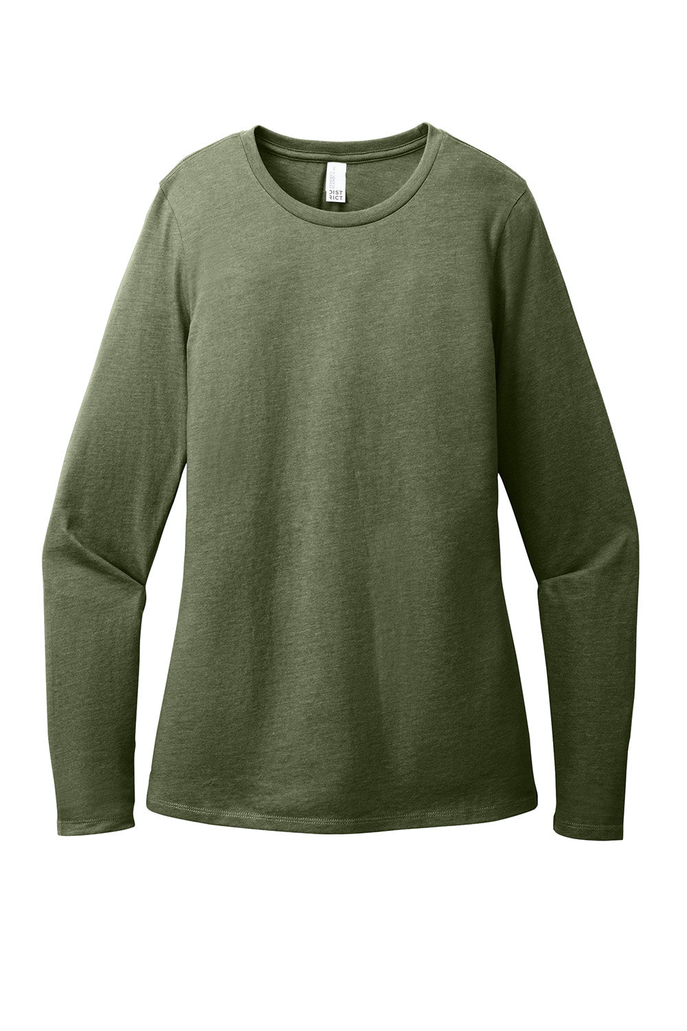 District DT110 Womens Perfect Blend CVC Long Sleeve Crewneck T-Shirt Heather Olive Green Flat Front