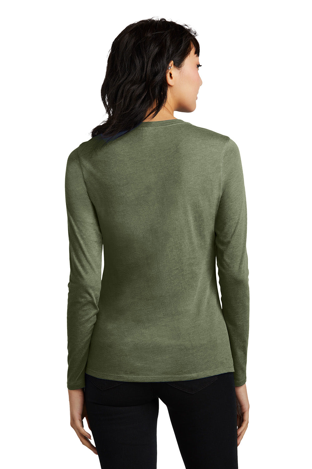 District DT110 Womens Perfect Blend CVC Long Sleeve Crewneck T-Shirt Heather Olive Green Model Back