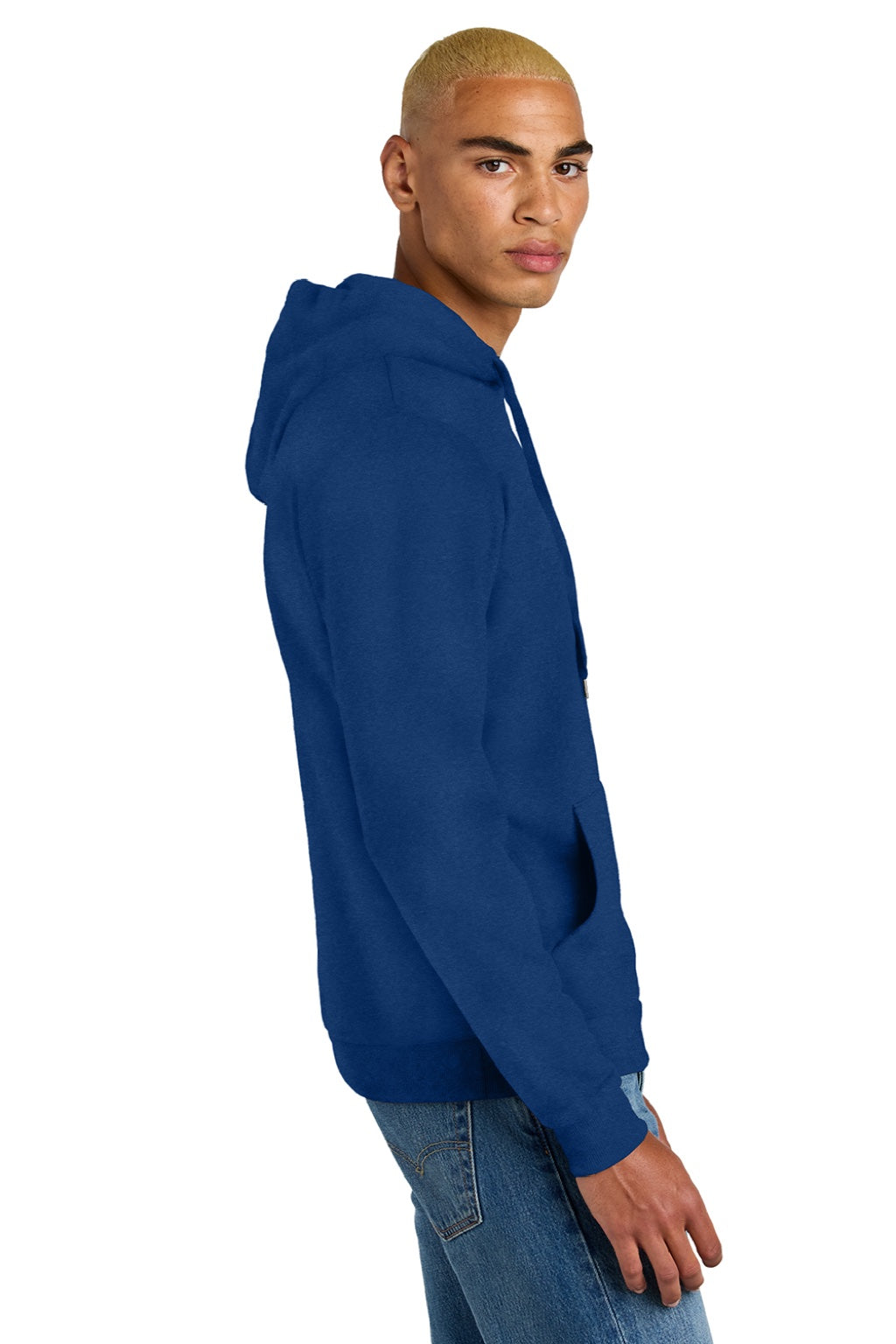 District DT1300 Mens Perfect Tri Fleece Hooded Sweatshirt Hoodie w/ Pouch Pocket Deep Royal Blue Model Side