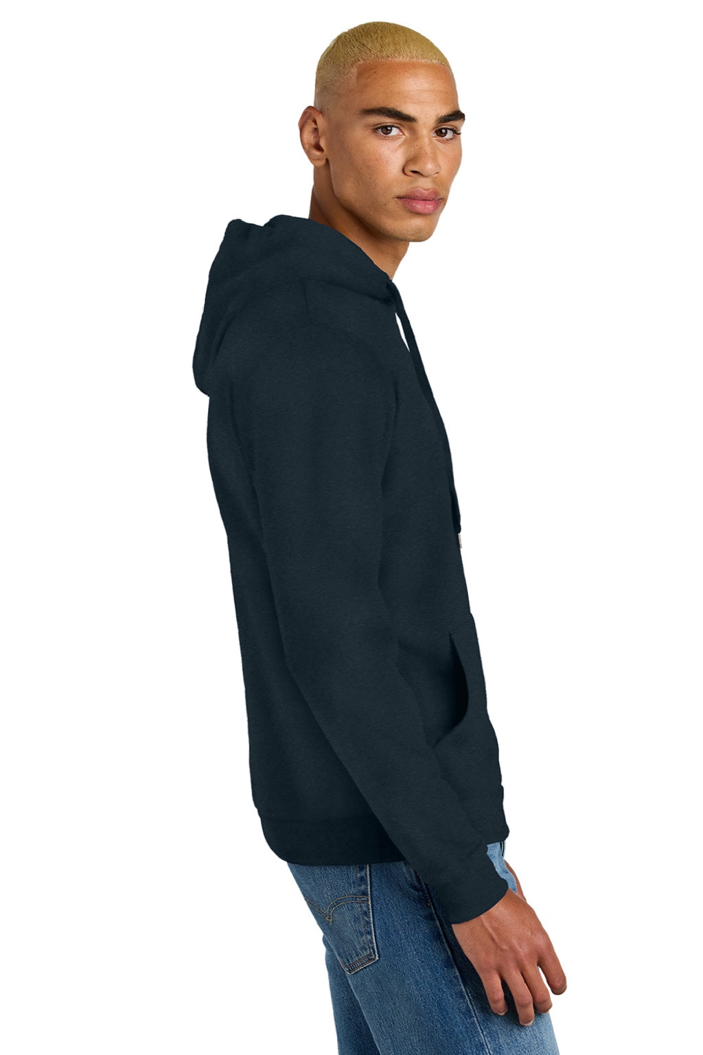 District DT1300 Mens Perfect Tri Fleece Hooded Sweatshirt Hoodie w/ Pouch Pocket New Navy Blue Model Side