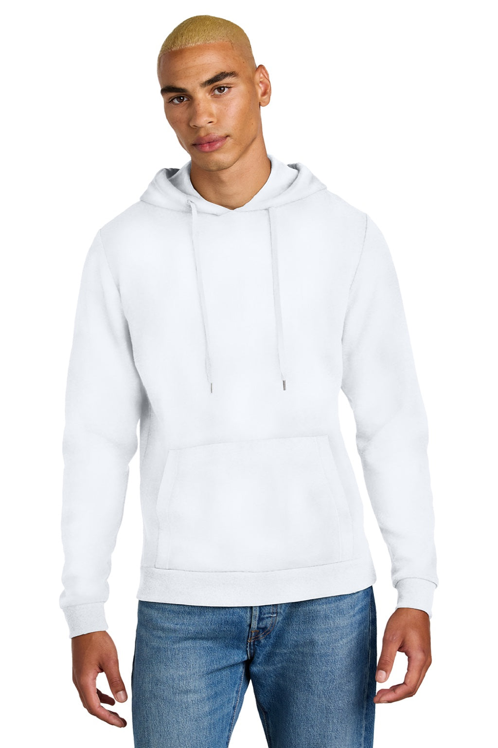 District DT1300 Mens Perfect Tri Fleece Hooded Sweatshirt Hoodie w/ Pouch Pocket White Model Front