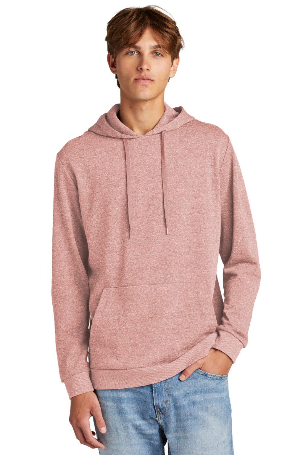District DT1300 Mens Perfect Tri Fleece Hooded Sweatshirt Hoodie w/ Pouch Pocket Blush Frost Model Front