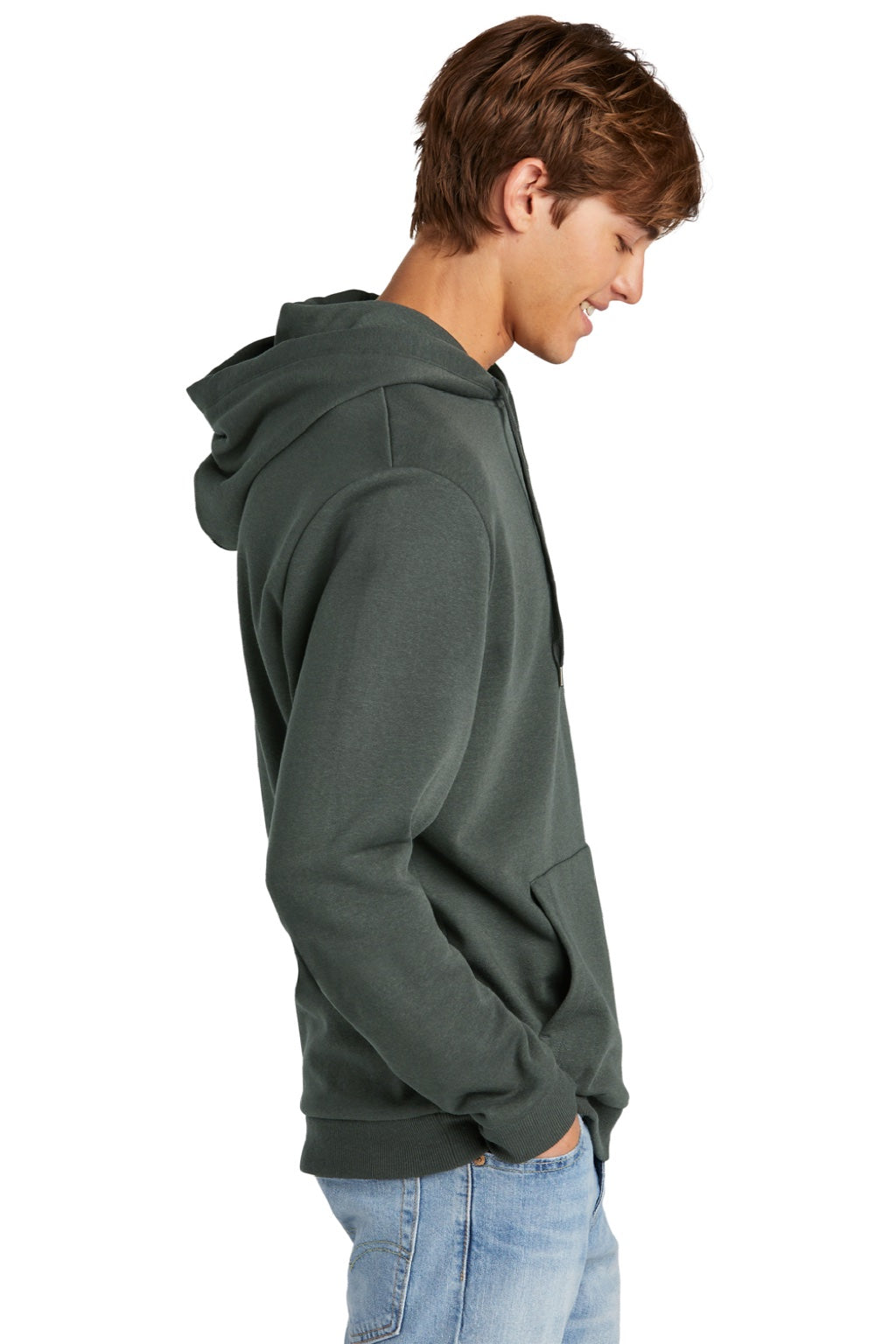 District DT1300 Mens Perfect Tri Fleece Hooded Sweatshirt Hoodie w/ Pouch Pocket Deepest Grey Model Side