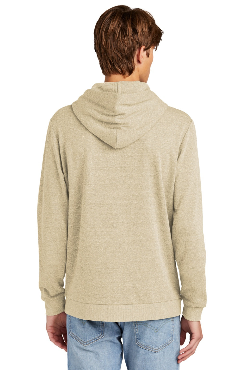 District DT1300 Mens Perfect Tri Fleece Hooded Sweatshirt Hoodie w/ Pouch Pocket Heather Desert Tan Model Back