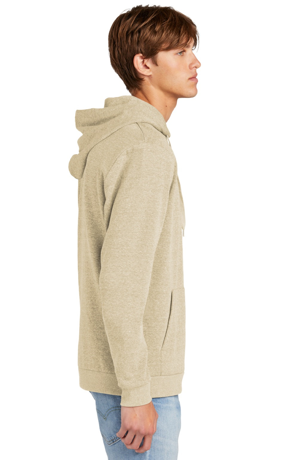 District DT1300 Mens Perfect Tri Fleece Hooded Sweatshirt Hoodie w/ Pouch Pocket Heather Desert Tan Model Side