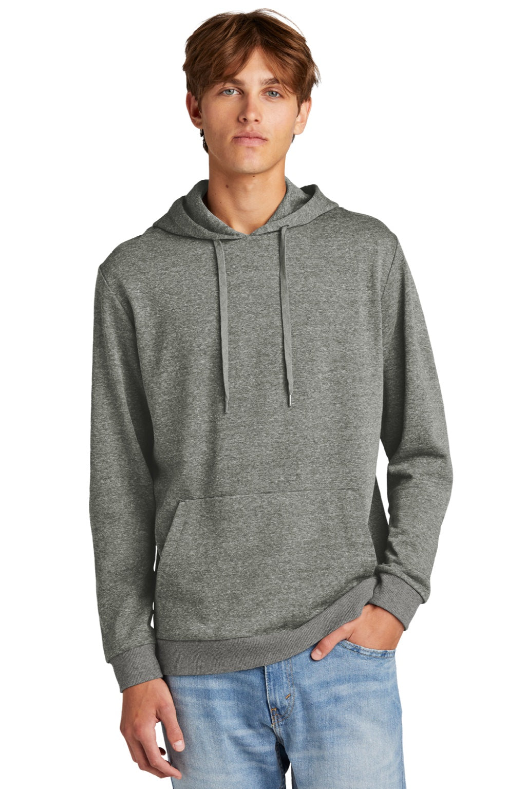 District DT1300 Mens Perfect Tri Fleece Hooded Sweatshirt Hoodie w/ Pouch Pocket Heather Charcoal Grey Model Front