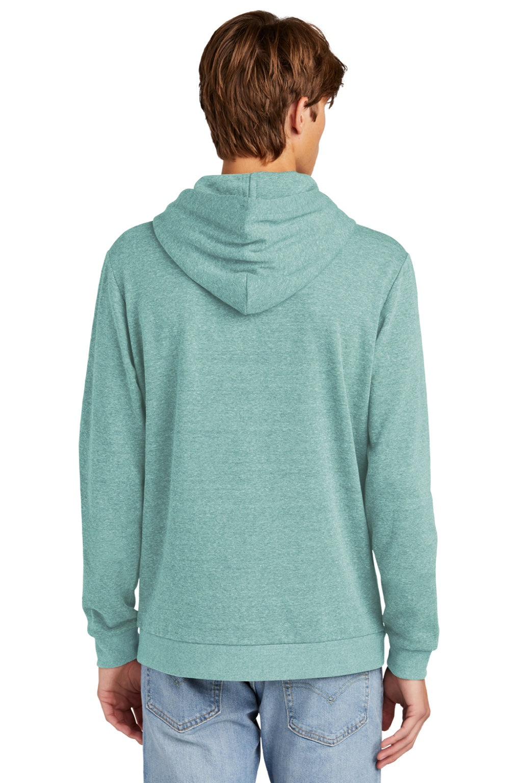 District DT1300 Mens Perfect Tri Fleece Hooded Sweatshirt Hoodie w/ Pouch Pocket Heather Eucalyptus Blue Model Back