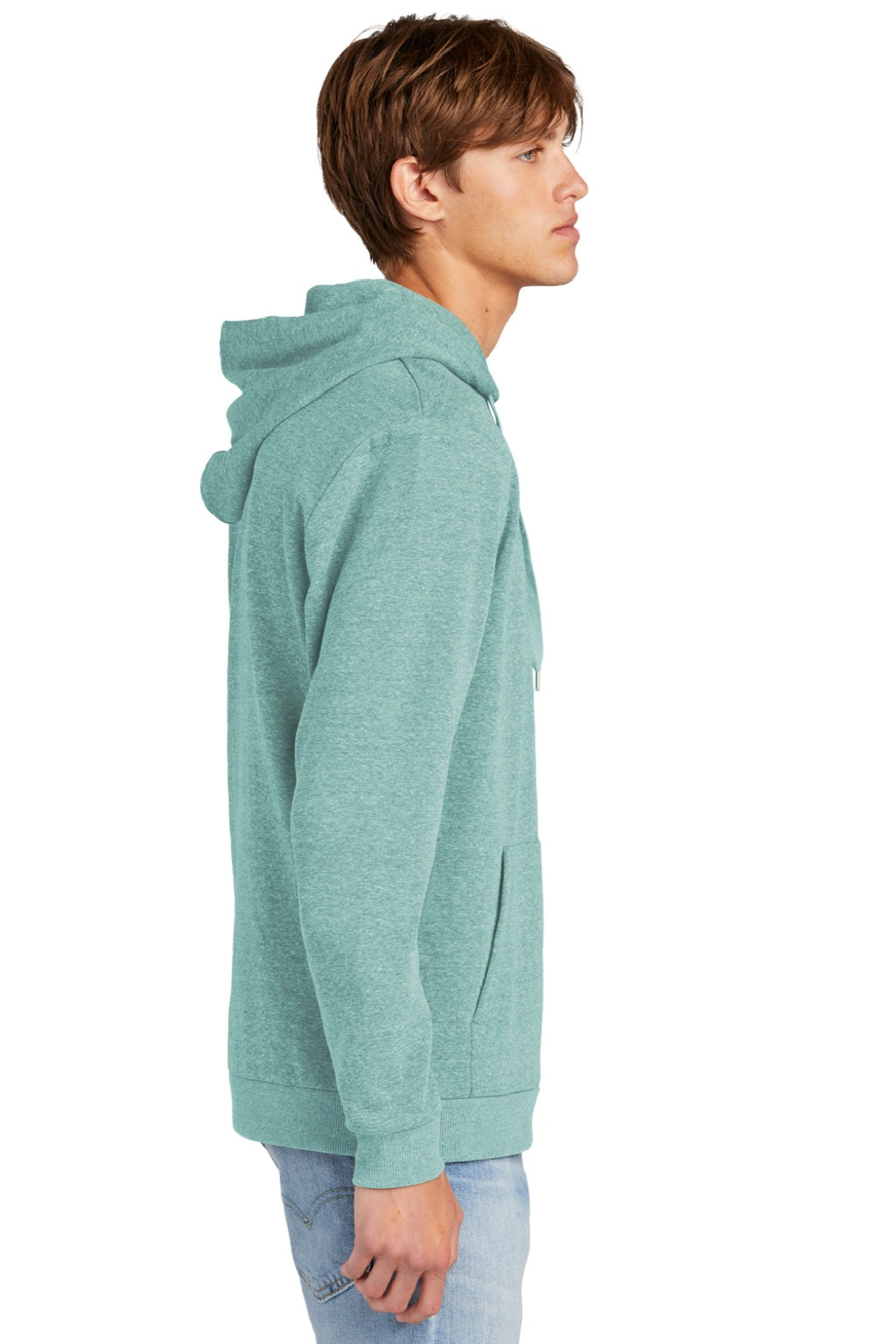 District DT1300 Mens Perfect Tri Fleece Hooded Sweatshirt Hoodie w/ Pouch Pocket Heather Eucalyptus Blue Model Side