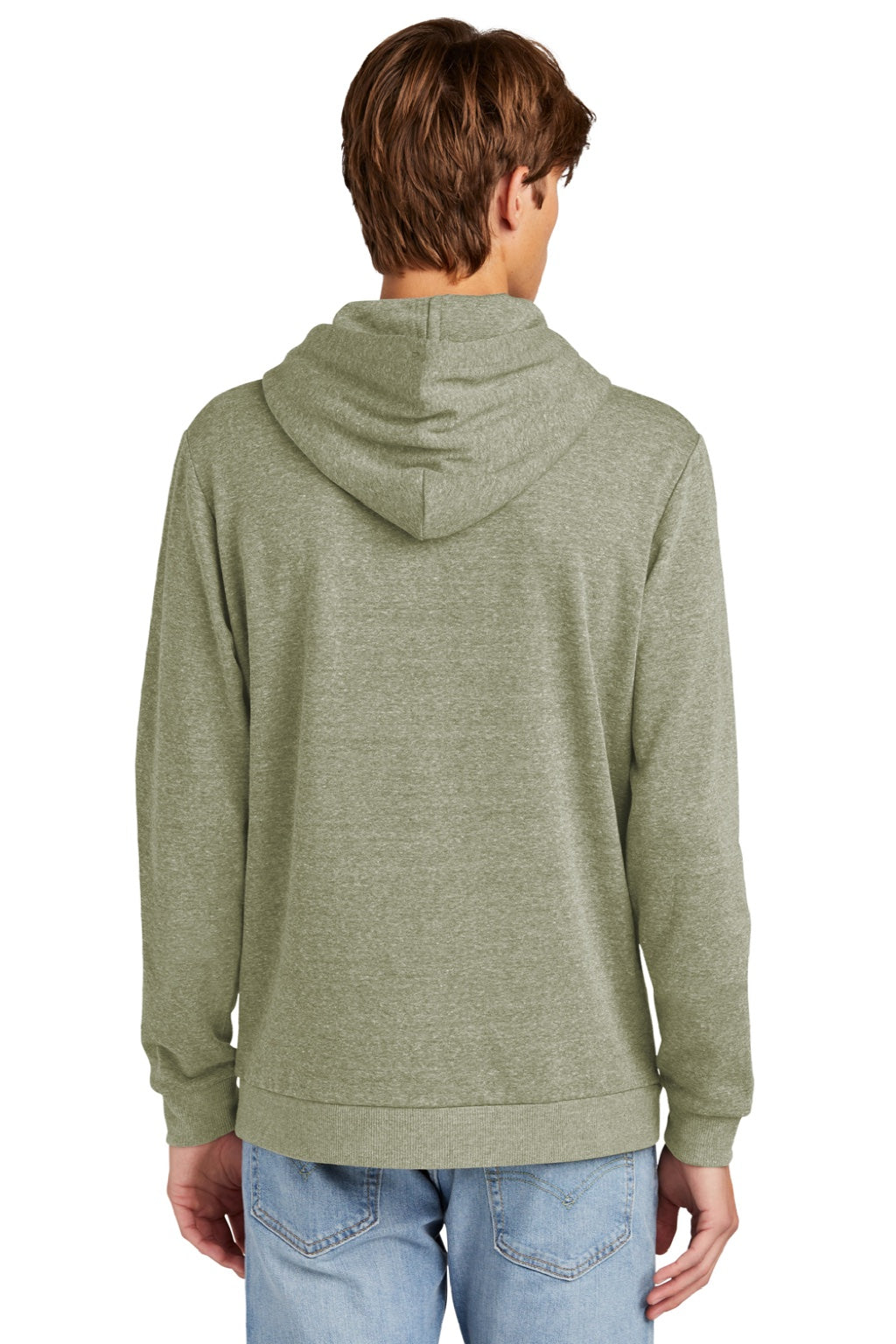 District DT1300 Mens Perfect Tri Fleece Hooded Sweatshirt Hoodie w/ Pouch Pocket Military Green Frost Model Back
