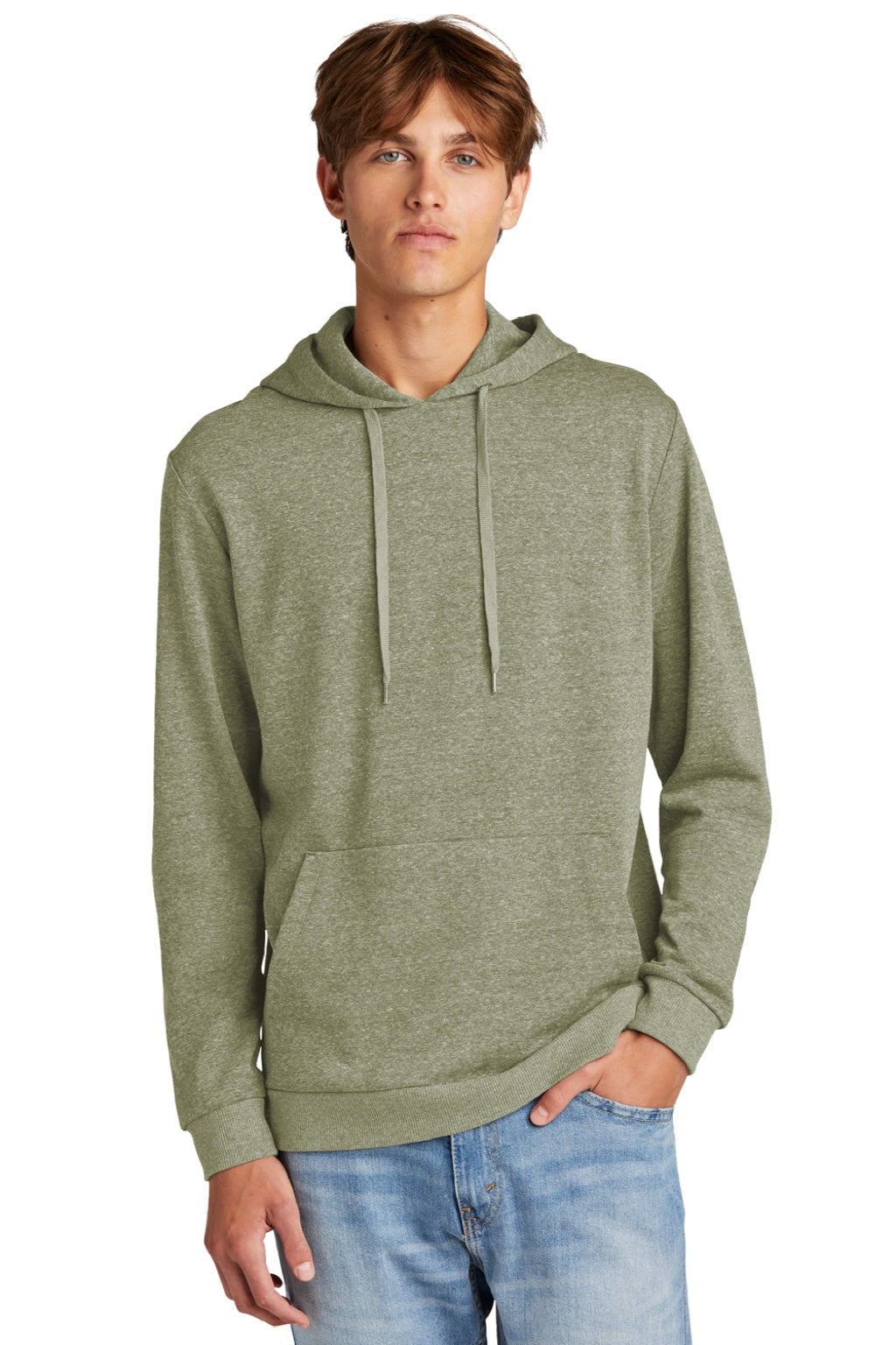 District DT1300 Mens Perfect Tri Fleece Hooded Sweatshirt Hoodie w/ Pouch Pocket Military Green Frost Model Front