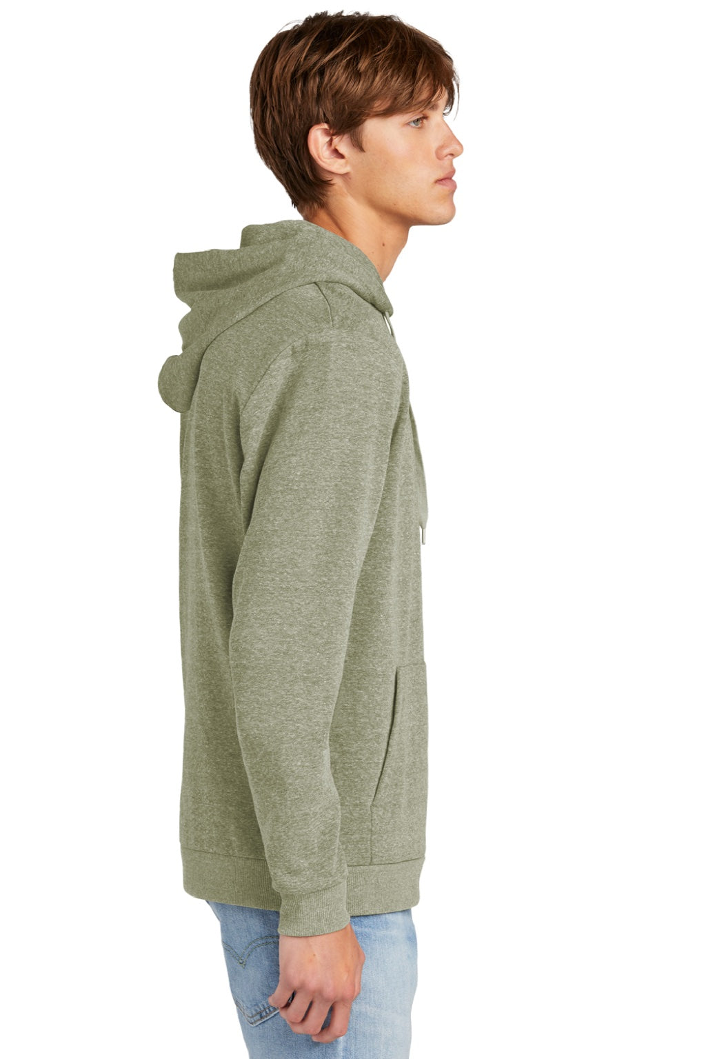 District DT1300 Mens Perfect Tri Fleece Hooded Sweatshirt Hoodie w/ Pouch Pocket Military Green Frost Model Side