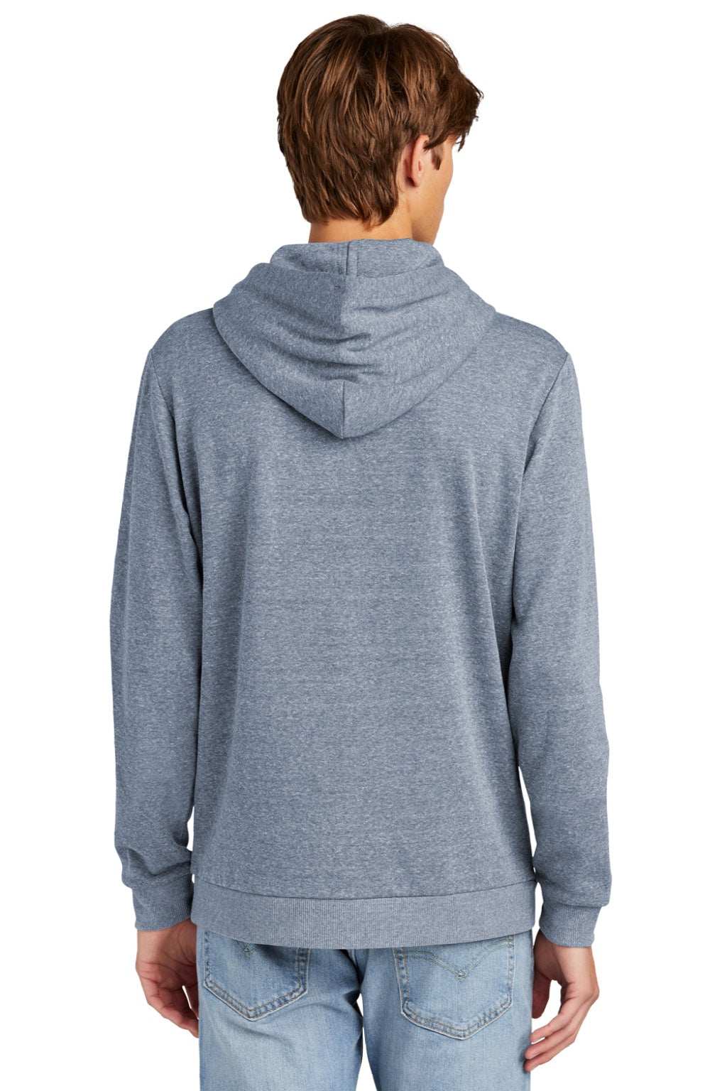 District DT1300 Mens Perfect Tri Fleece Hooded Sweatshirt Hoodie w/ Pouch Pocket Navy Blue Frost Model Back