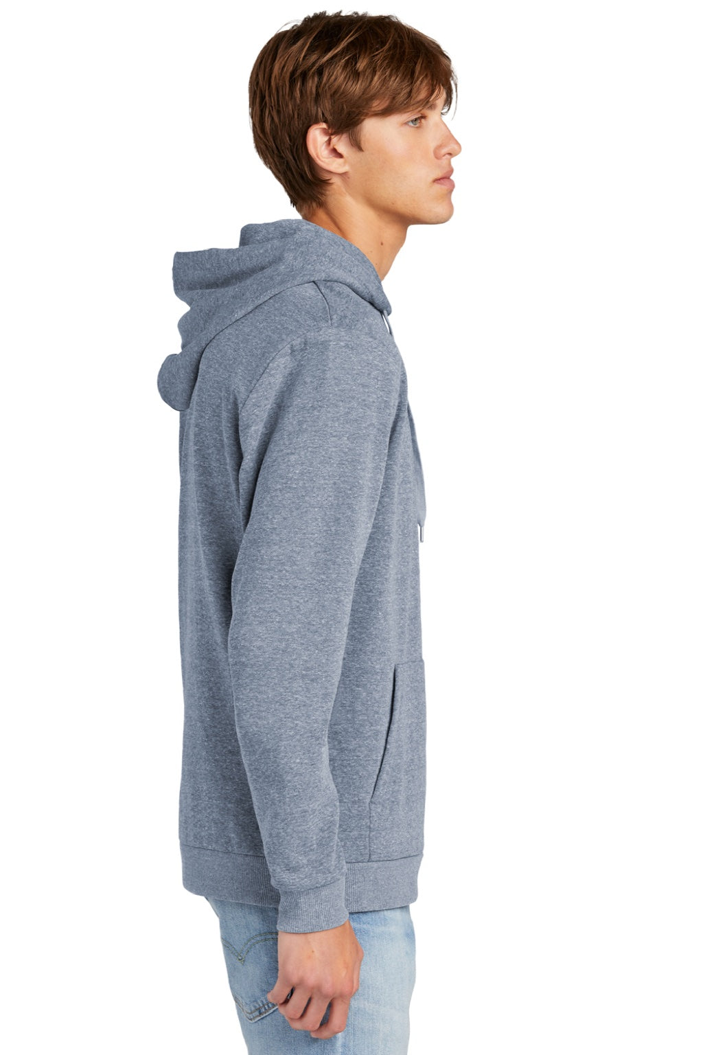 District DT1300 Mens Perfect Tri Fleece Hooded Sweatshirt Hoodie w/ Pouch Pocket Navy Blue Frost Model Side