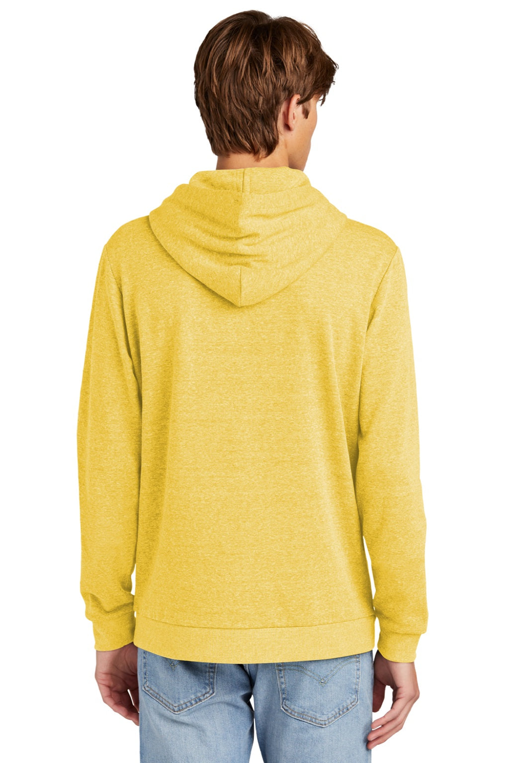 District DT1300 Mens Perfect Tri Fleece Hooded Sweatshirt Hoodie w/ Pouch Pocket Heather Ochre Yellow Model Back