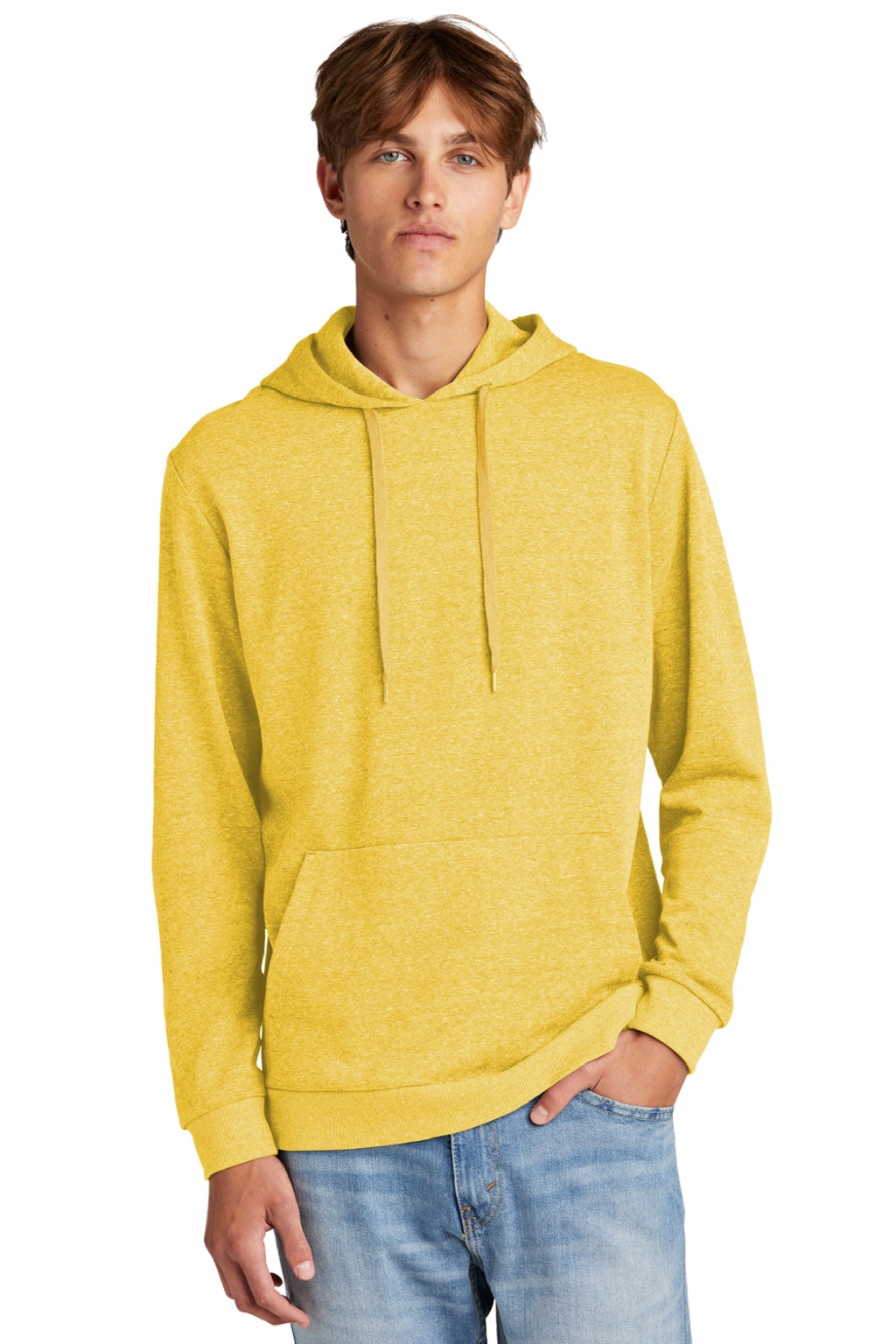 District DT1300 Mens Perfect Tri Fleece Hooded Sweatshirt Hoodie w/ Pouch Pocket Heather Ochre Yellow Model Front