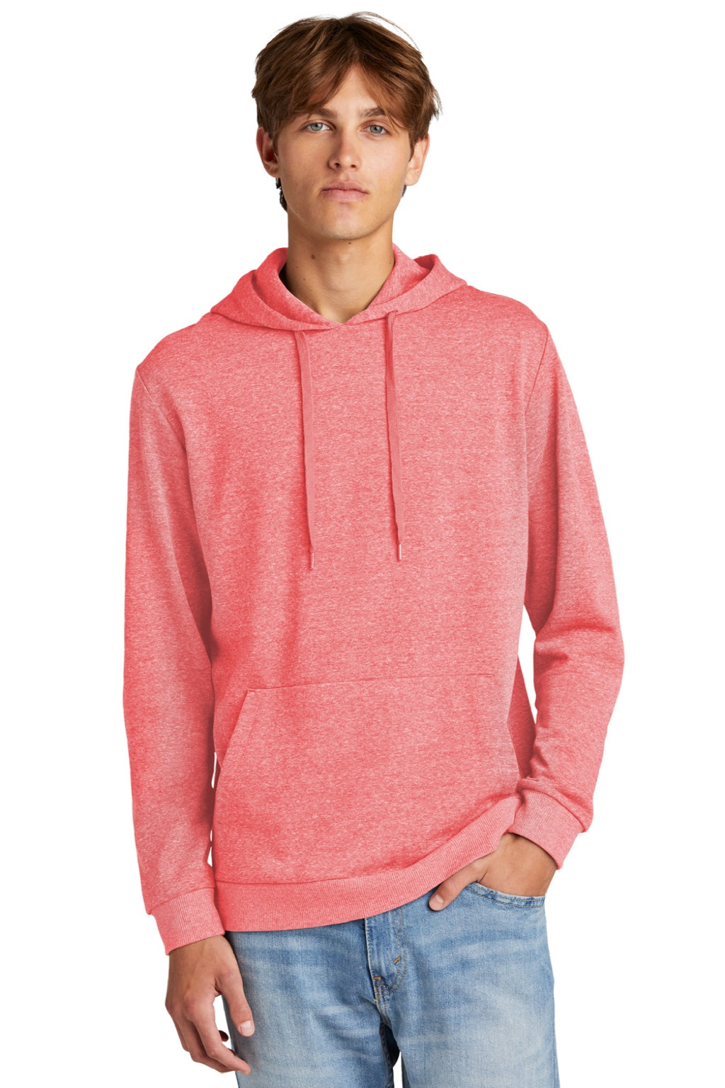 District DT1300 Mens Perfect Tri Fleece Hooded Sweatshirt Hoodie w/ Pouch Pocket Red Frost Model Front