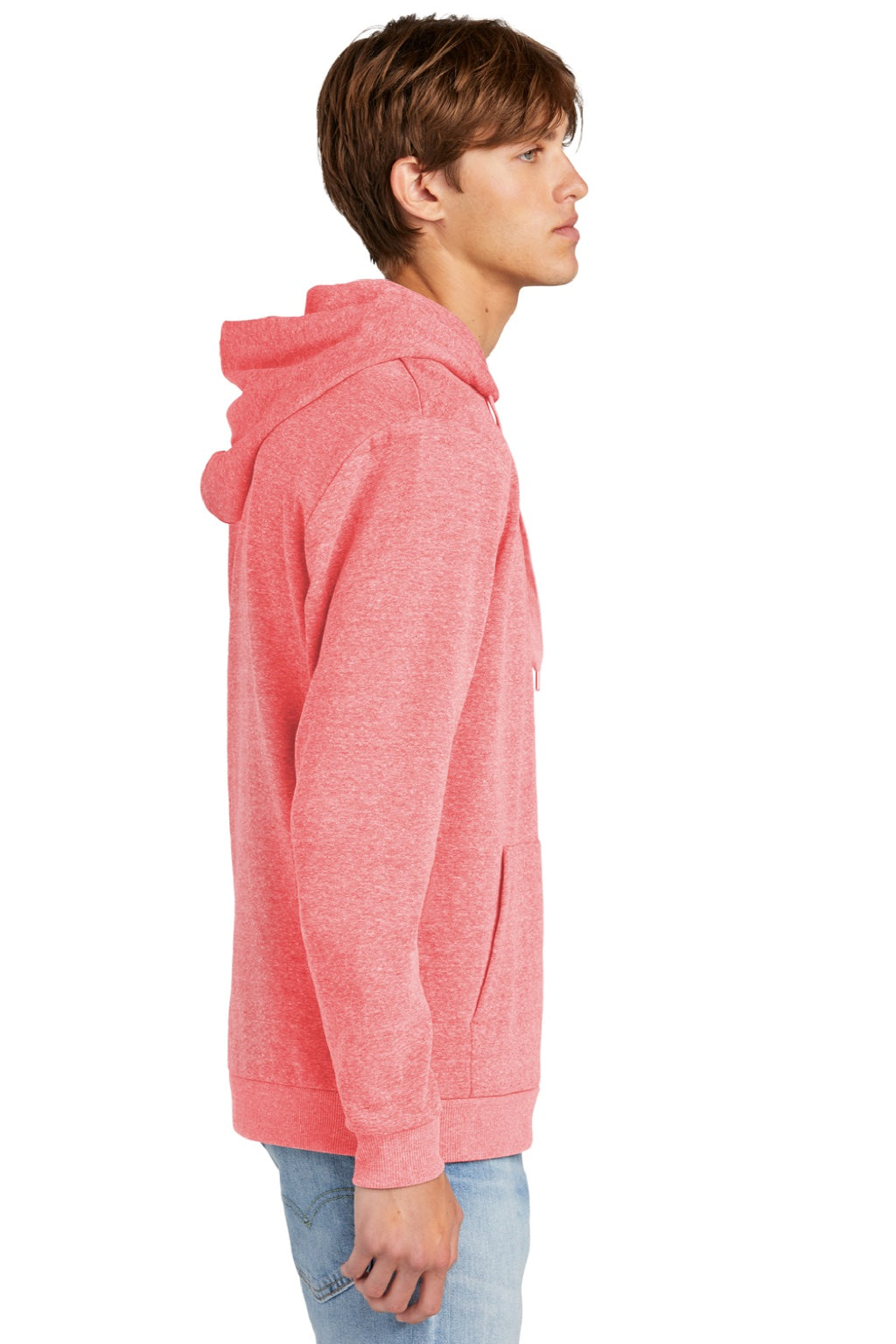 District DT1300 Mens Perfect Tri Fleece Hooded Sweatshirt Hoodie w/ Pouch Pocket Red Frost Model Side