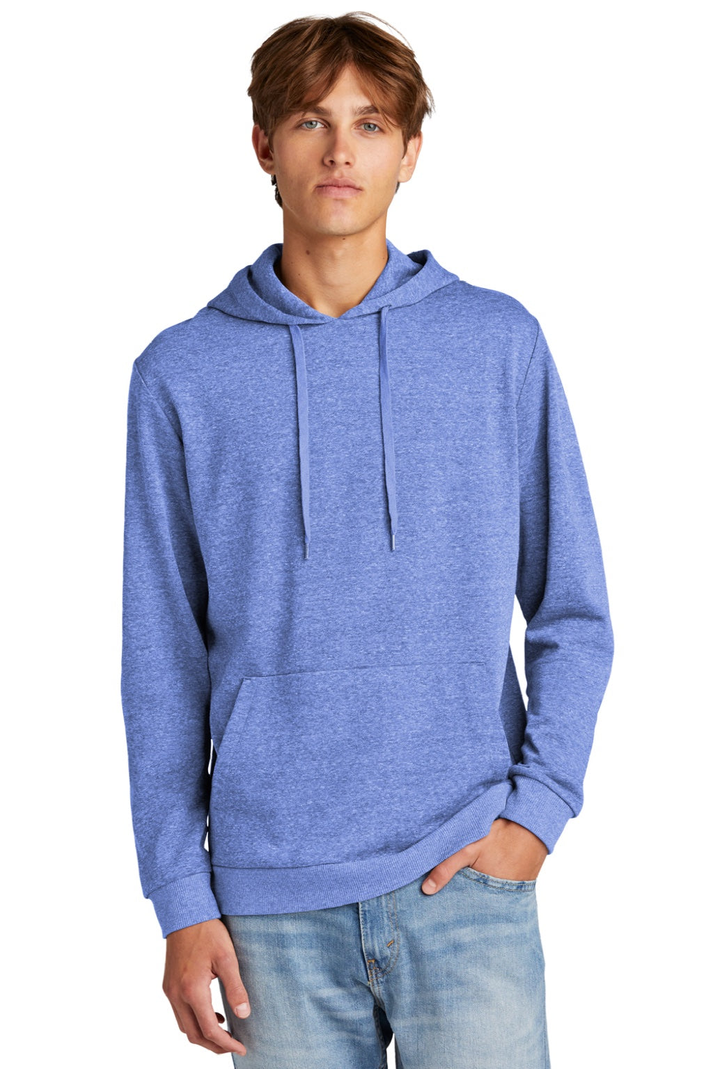 District DT1300 Mens Perfect Tri Fleece Hooded Sweatshirt Hoodie w/ Pouch Pocket Royal Blue Frost Model Front