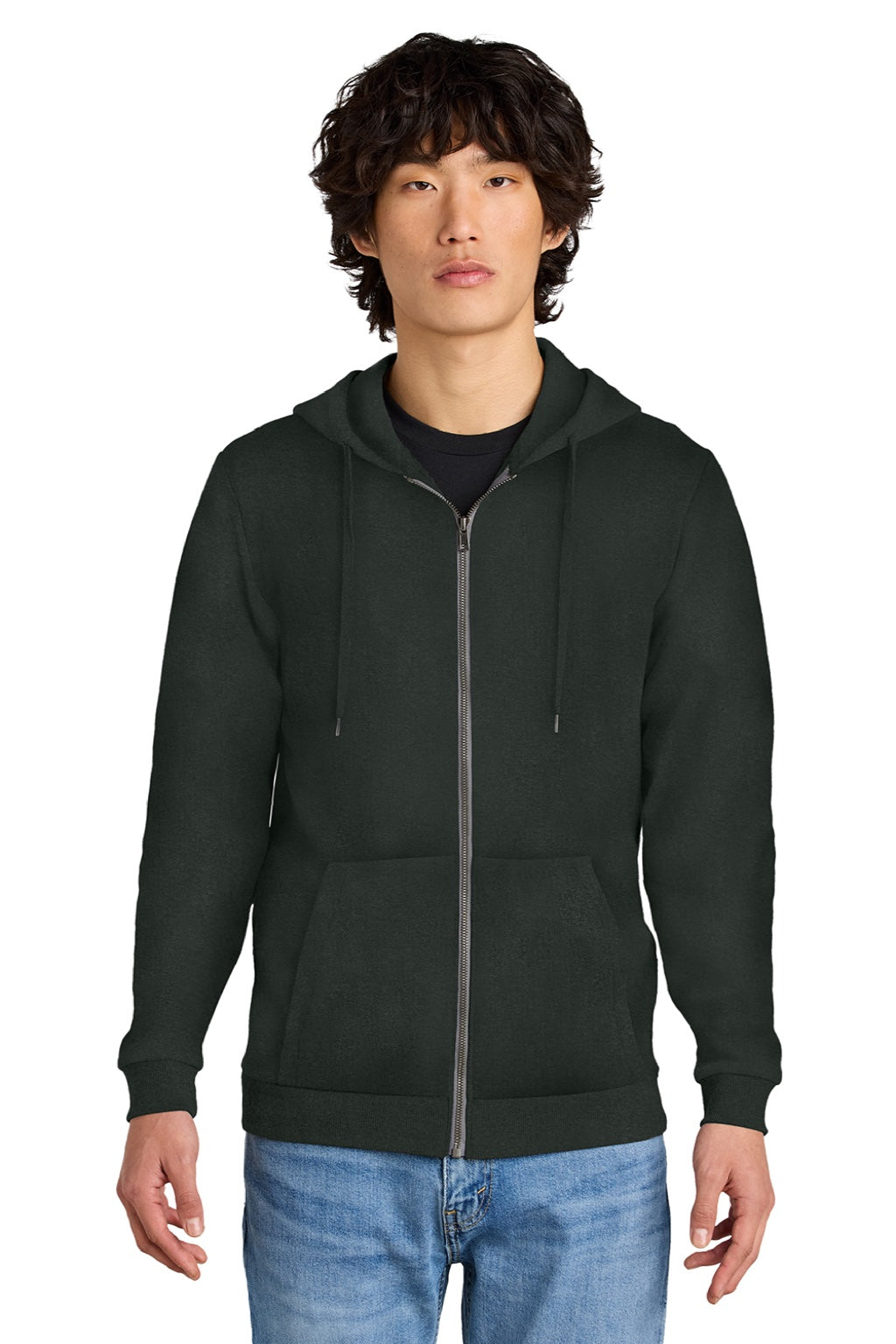 District DT1302 Mens Perfect Tri Fleece Full Zip Hooded Sweatshirt Hoodie w/ Pockets Deepest Grey Model Front