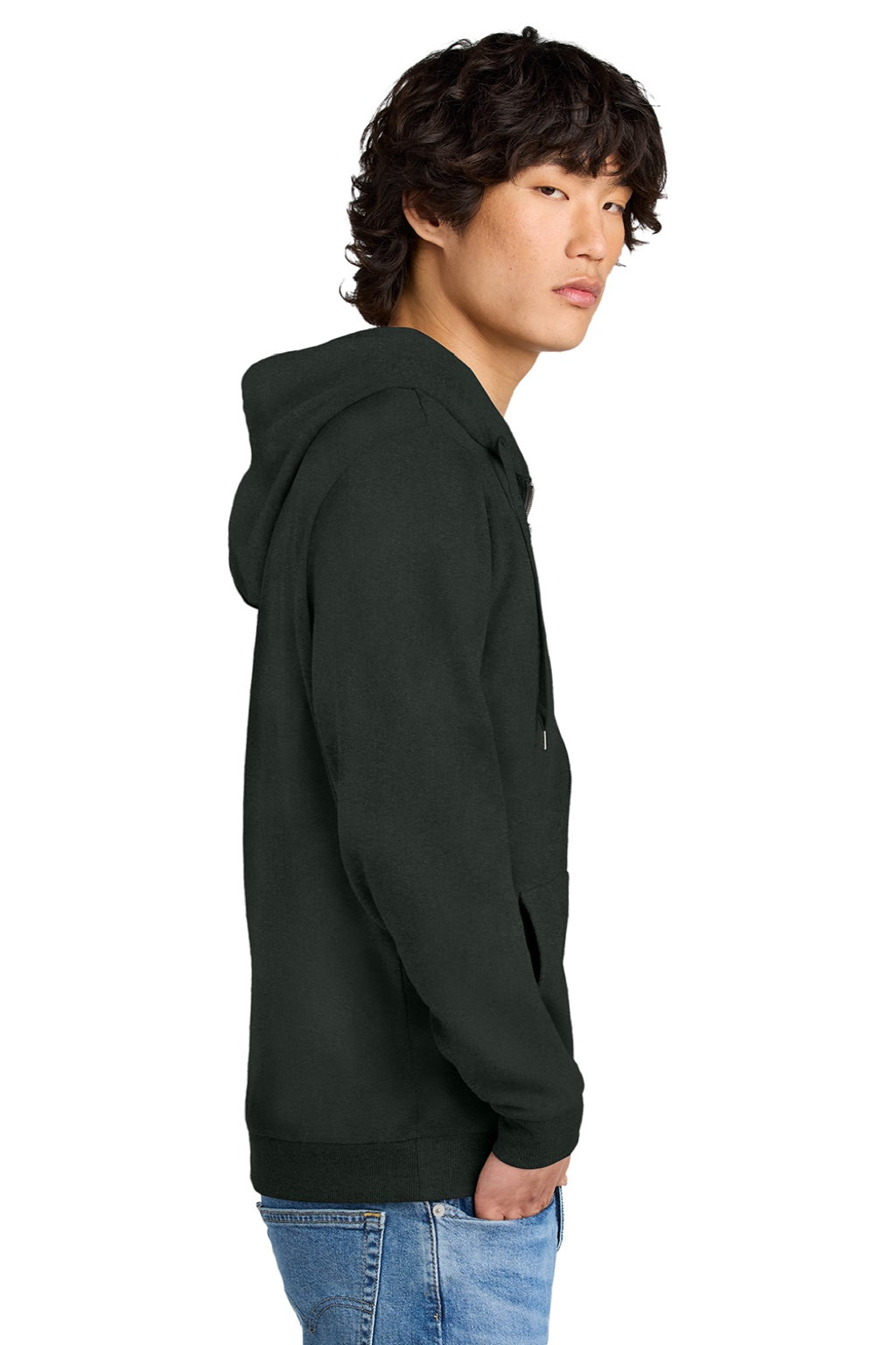 District DT1302 Mens Perfect Tri Fleece Full Zip Hooded Sweatshirt Hoodie w/ Pockets Deepest Grey Model Side