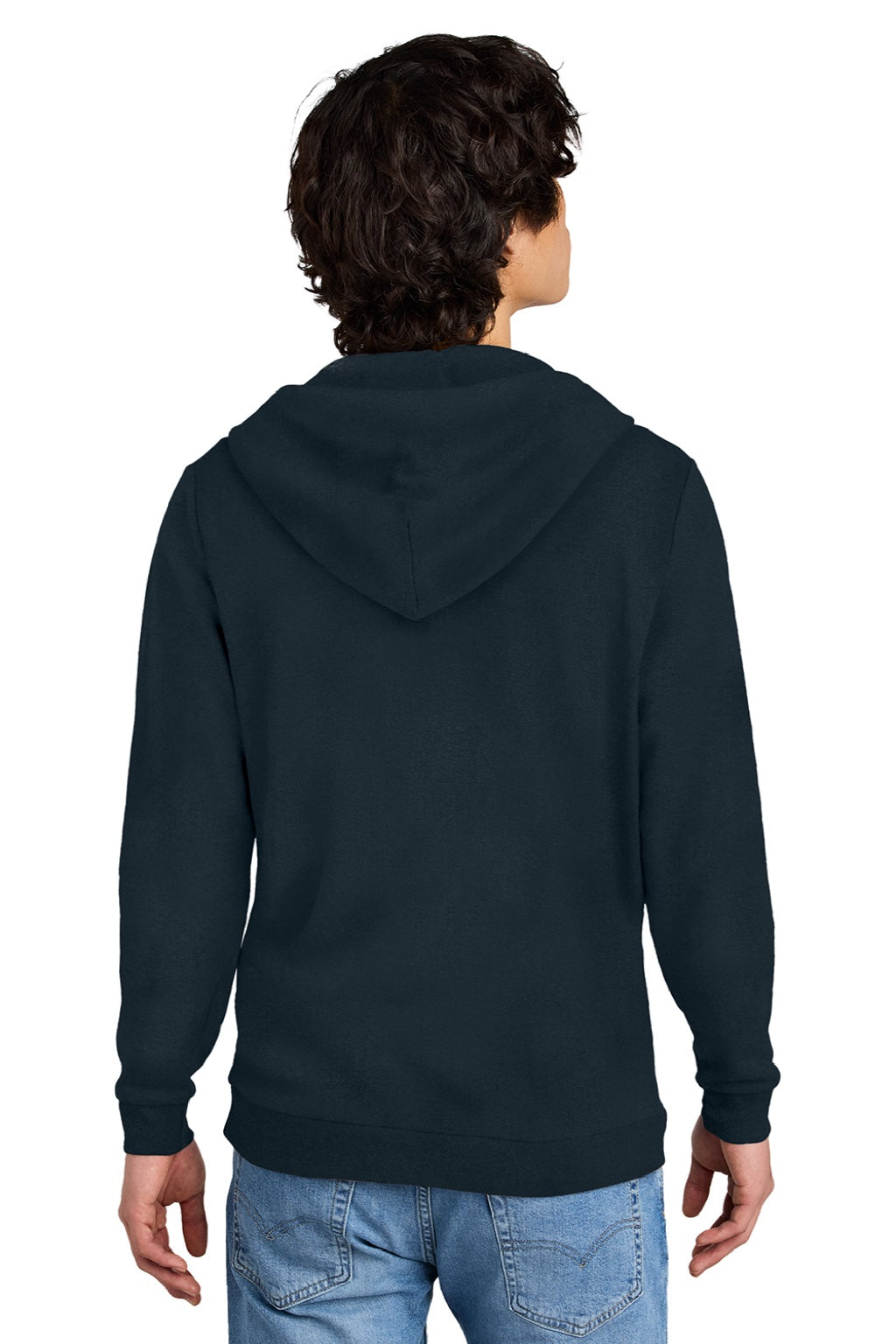 District DT1302 Mens Perfect Tri Fleece Full Zip Hooded Sweatshirt Hoodie w/ Pockets New Navy Blue Model Back