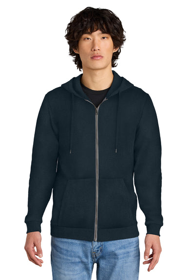 District DT1302 Mens Perfect Tri Fleece Full Zip Hooded Sweatshirt Hoodie w/ Pockets New Navy Blue Model Front