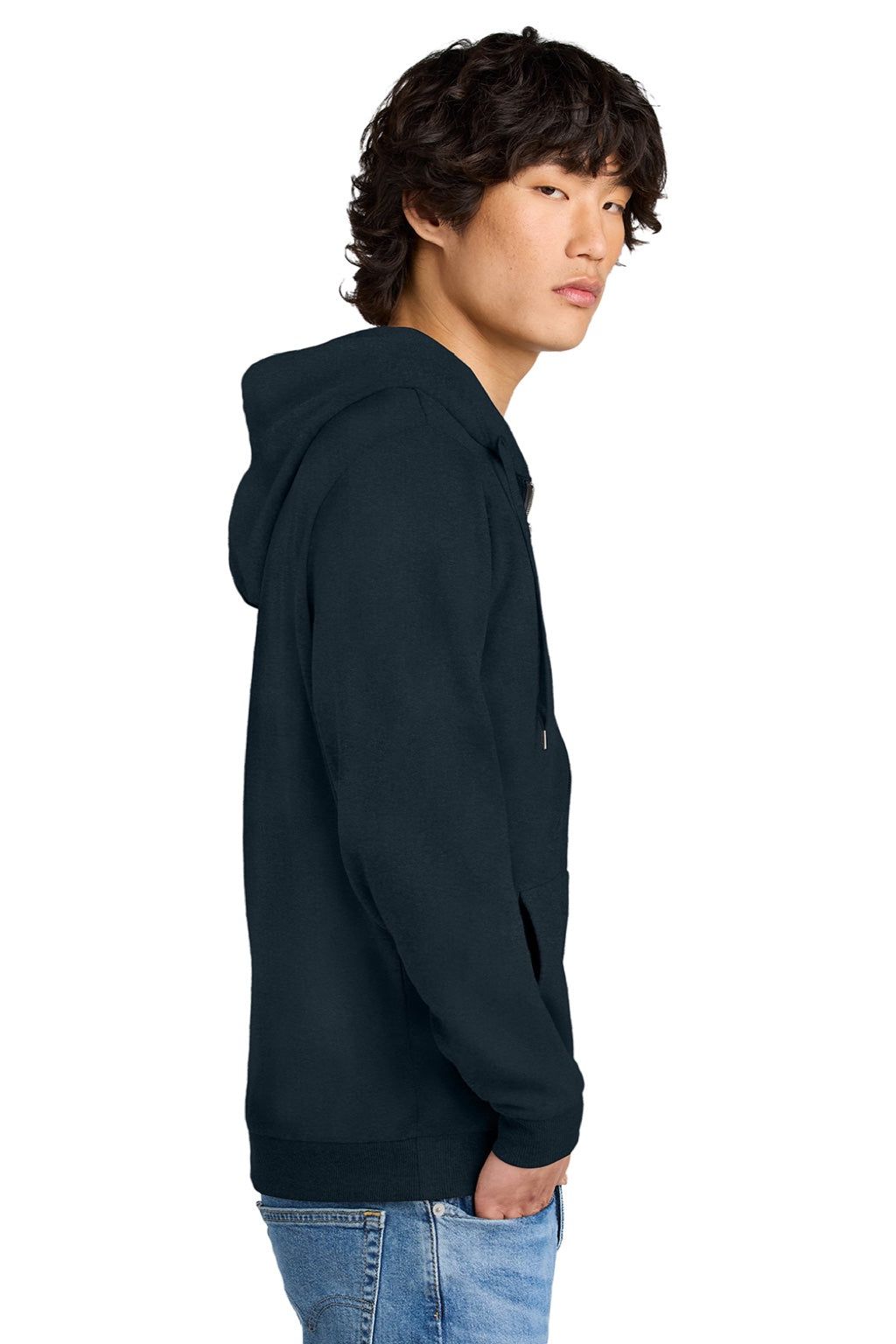 District DT1302 Mens Perfect Tri Fleece Full Zip Hooded Sweatshirt Hoodie w/ Pockets New Navy Blue Model Side