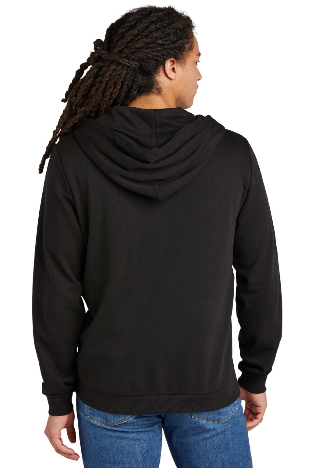 District DT1302 Mens Perfect Tri Fleece Full Zip Hooded Sweatshirt Hoodie w/ Pockets Black Model Back