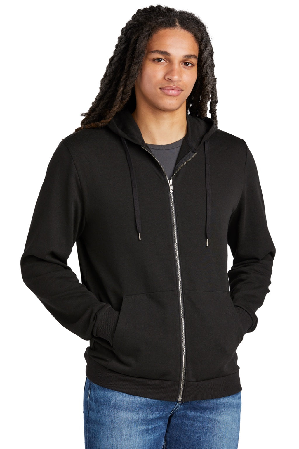 District DT1302 Mens Perfect Tri Fleece Full Zip Hooded Sweatshirt Hoodie w/ Pockets Black Model Front