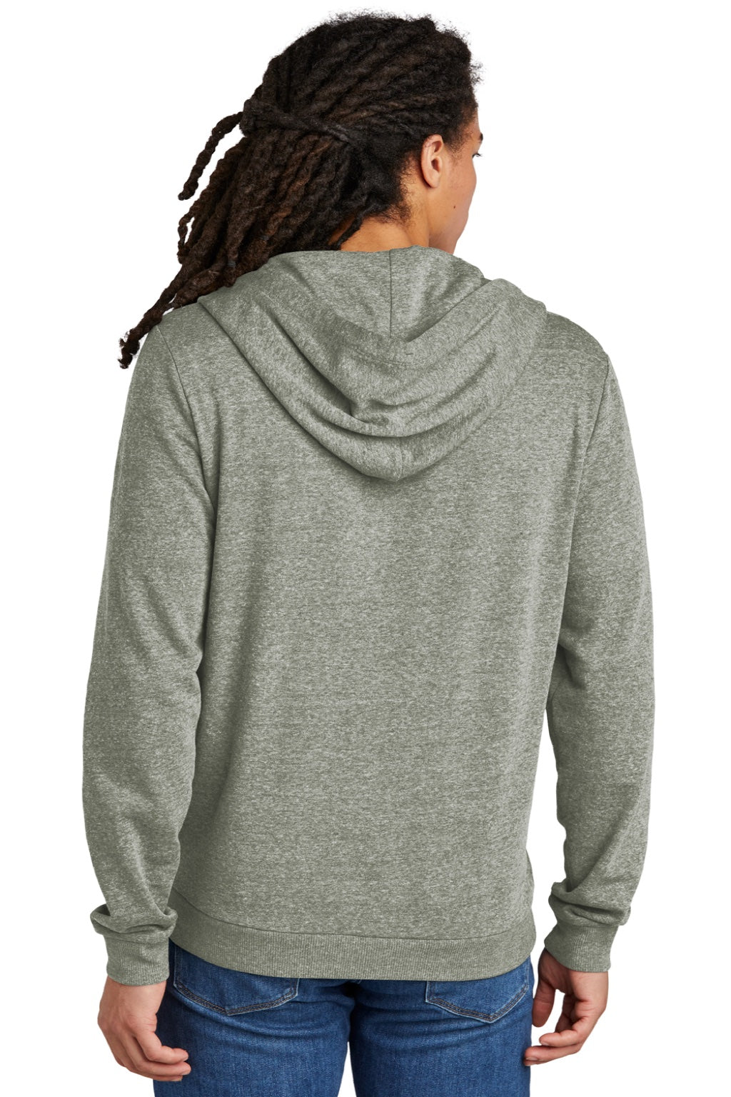 District DT1302 Mens Perfect Tri Fleece Full Zip Hooded Sweatshirt Hoodie w/ Pockets Grey Frost Model Back