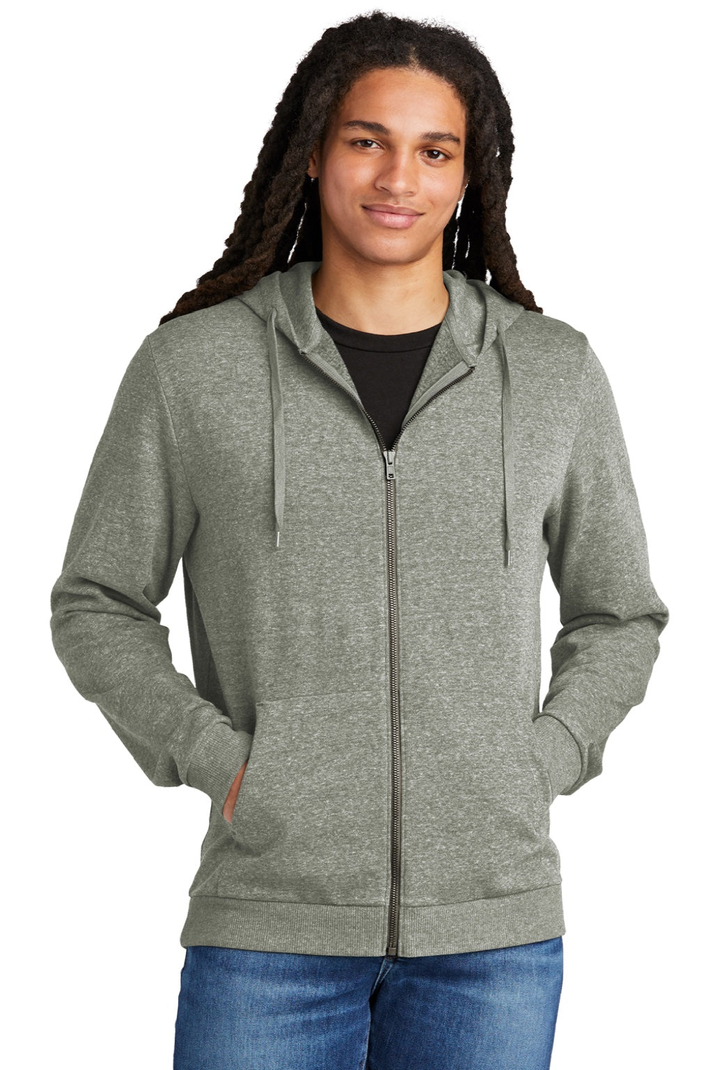 District DT1302 Mens Perfect Tri Fleece Full Zip Hooded Sweatshirt Hoodie w/ Pockets Grey Frost Model Front