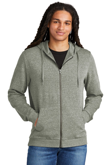 District DT1302 Mens Perfect Tri Fleece Full Zip Hooded Sweatshirt Hoodie w/ Pockets Grey Frost Model Front