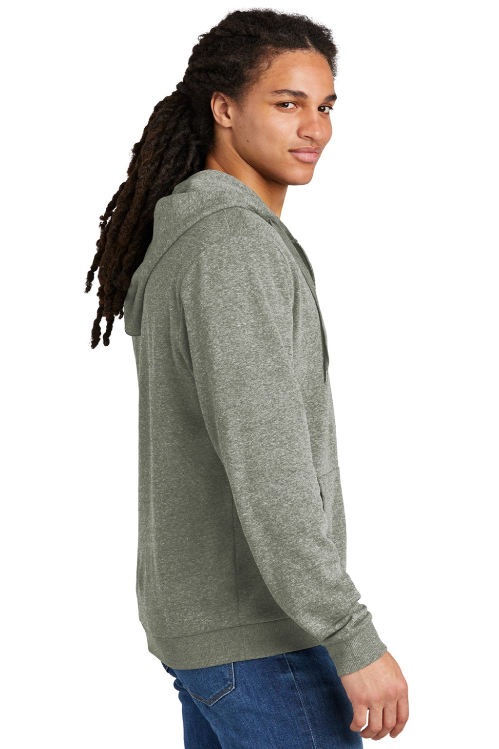 District DT1302 Mens Perfect Tri Fleece Full Zip Hooded Sweatshirt Hoodie w/ Pockets Grey Frost Model Side