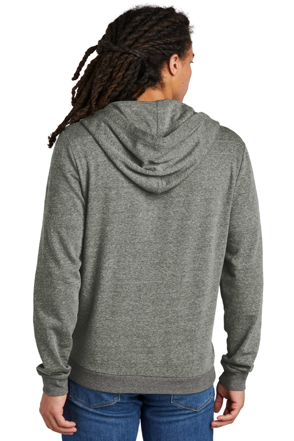 District DT1302 Mens Perfect Tri Fleece Full Zip Hooded Sweatshirt Hoodie w/ Pockets Heather Charcoal Grey Model Back