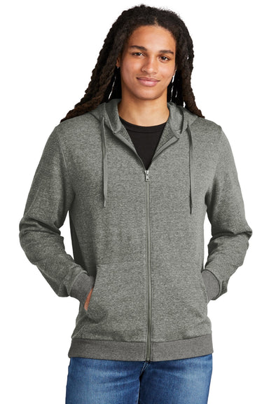 District DT1302 Mens Perfect Tri Fleece Full Zip Hooded Sweatshirt Hoodie w/ Pockets Heather Charcoal Grey Model Front