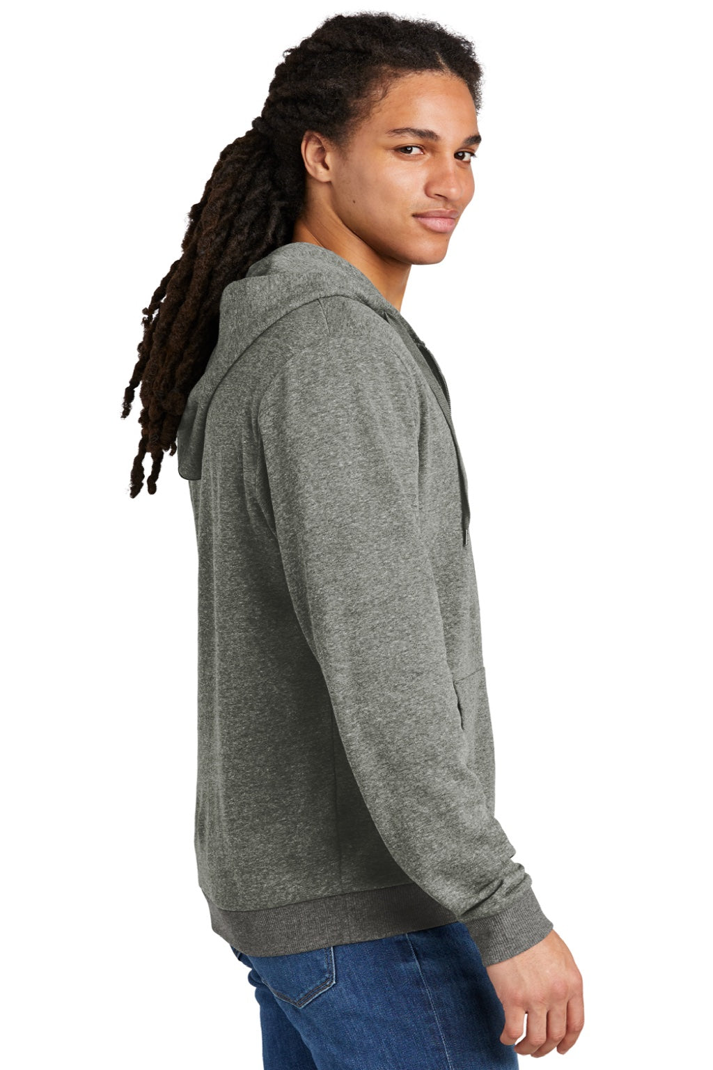 District DT1302 Mens Perfect Tri Fleece Full Zip Hooded Sweatshirt Hoodie w/ Pockets Heather Charcoal Grey Model Side