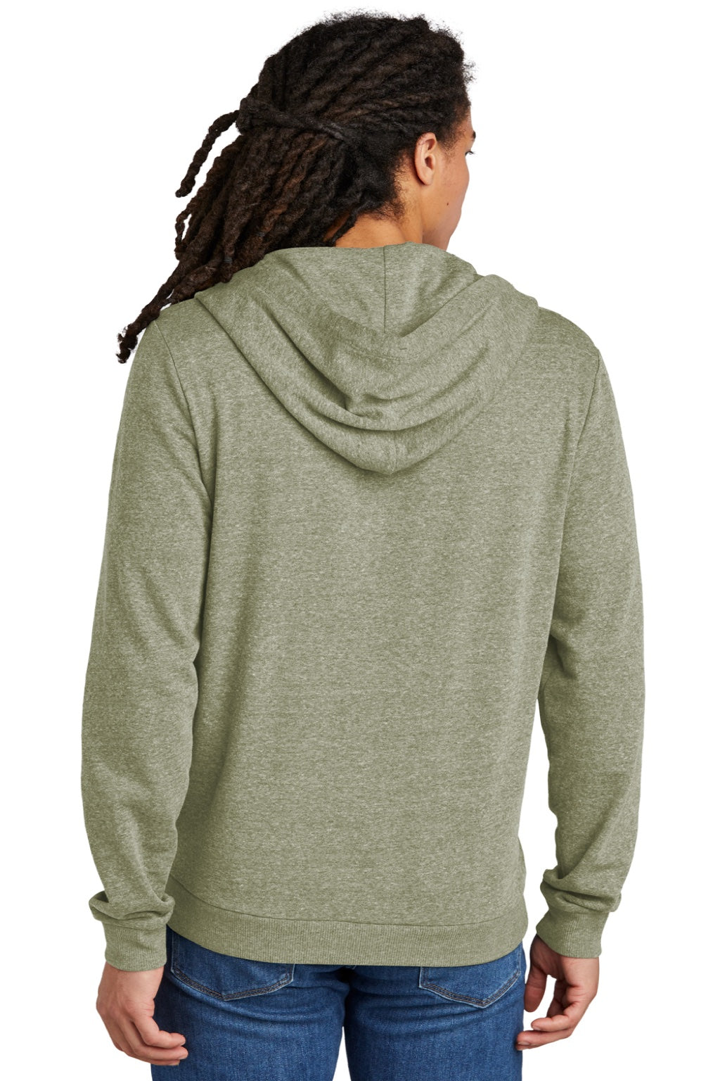 District DT1302 Mens Perfect Tri Fleece Full Zip Hooded Sweatshirt Hoodie w/ Pockets Military Green Frost Model Back