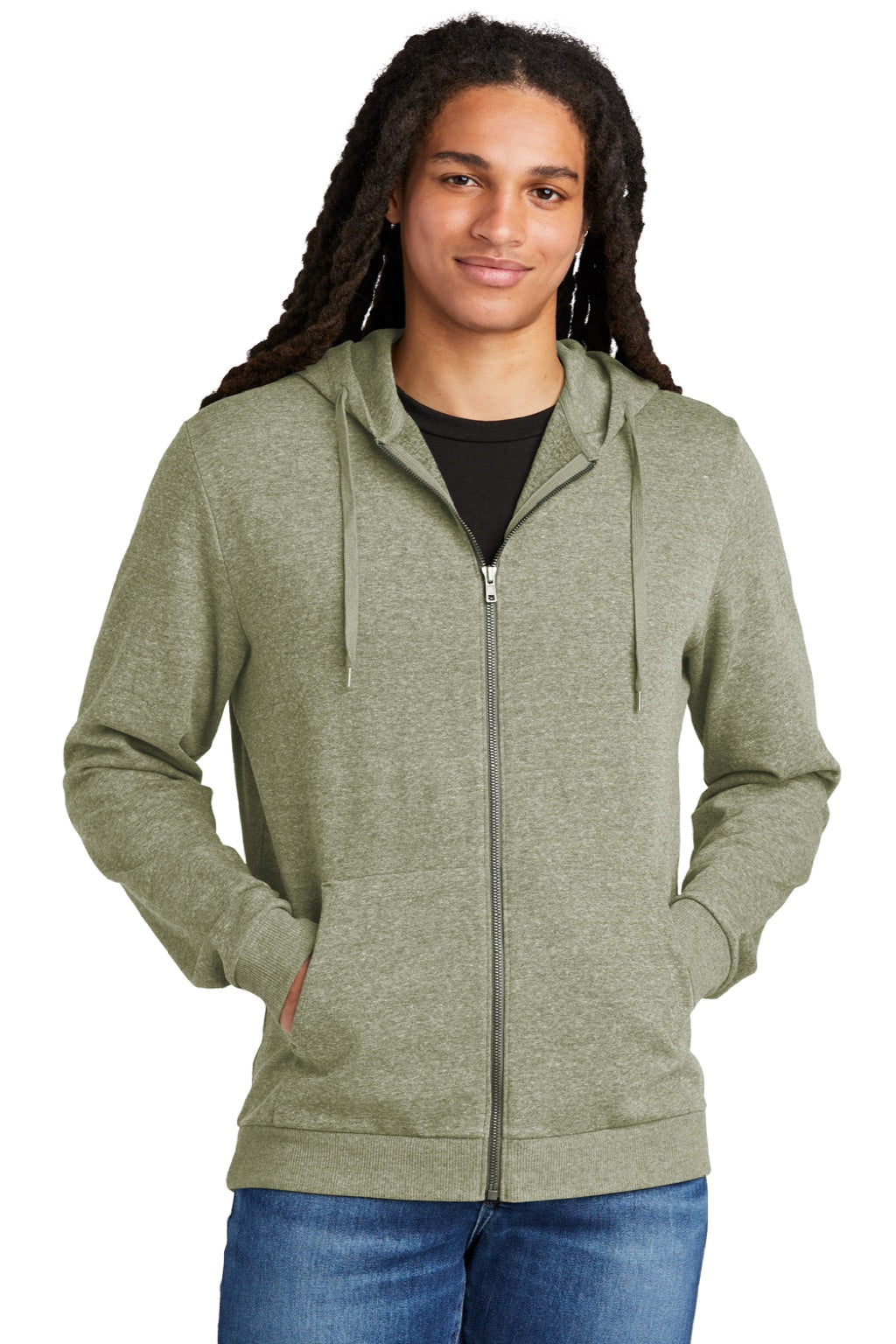 District DT1302 Mens Perfect Tri Fleece Full Zip Hooded Sweatshirt Hoodie w/ Pockets Military Green Frost Model Front