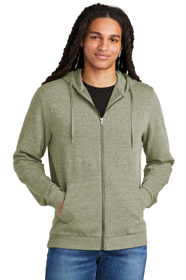 District DT1302 Mens Perfect Tri Fleece Full Zip Hooded Sweatshirt Hoodie w/ Pockets Military Green Frost Model Front