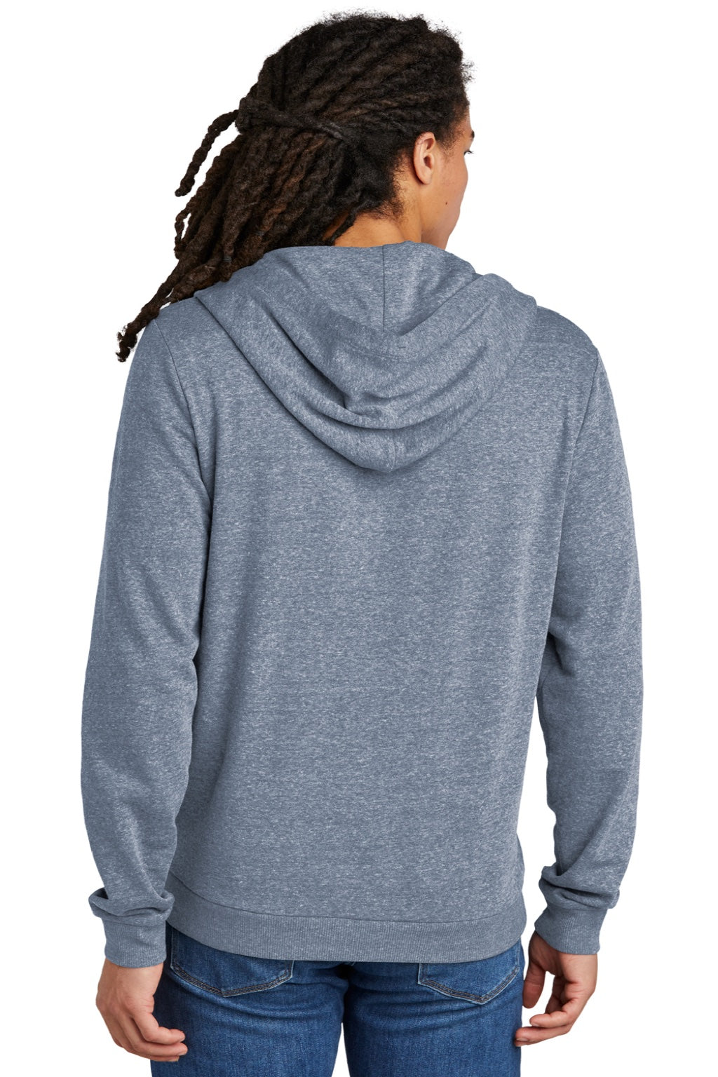 District DT1302 Mens Perfect Tri Fleece Full Zip Hooded Sweatshirt Hoodie w/ Pockets Navy Blue Frost Model Back