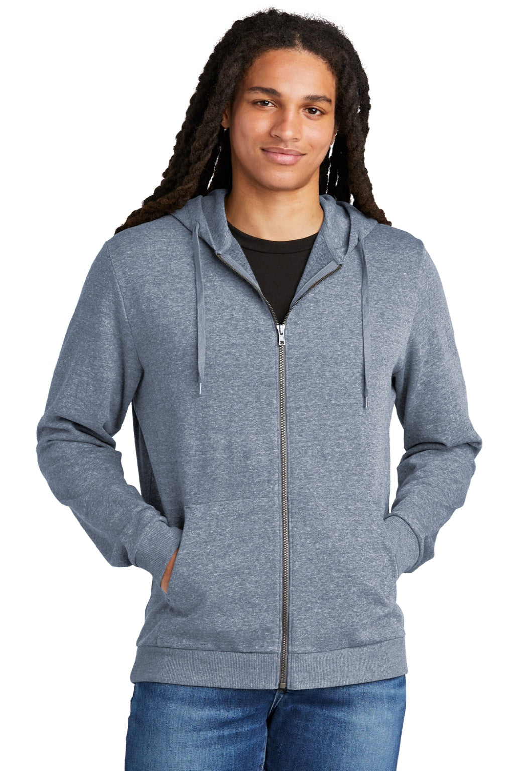 District DT1302 Mens Perfect Tri Fleece Full Zip Hooded Sweatshirt Hoodie w/ Pockets Navy Blue Frost Model Front