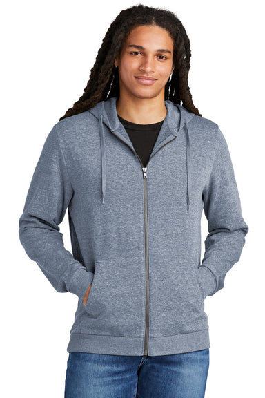 District DT1302 Mens Perfect Tri Fleece Full Zip Hooded Sweatshirt Hoodie w/ Pockets Navy Blue Frost Model Front