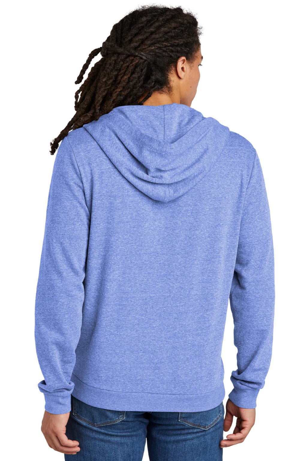 District DT1302 Mens Perfect Tri Fleece Full Zip Hooded Sweatshirt Hoodie w/ Pockets Royal Blue Frost Model Back