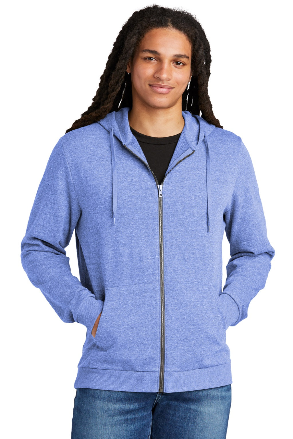 District DT1302 Mens Perfect Tri Fleece Full Zip Hooded Sweatshirt Hoodie w/ Pockets Royal Blue Frost Model Front